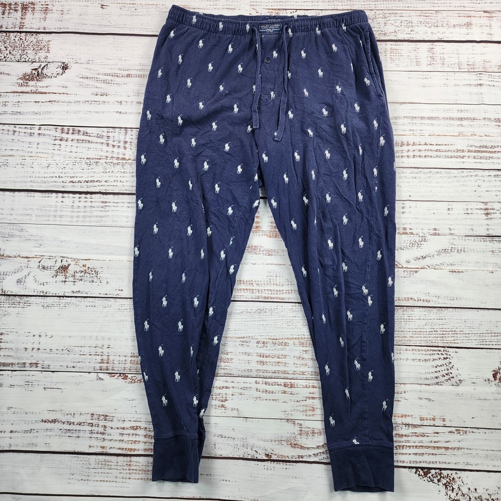 Polo Ralph Lauren Mens Navy Blue Allover Pony Cotton Sleep Jogger Pants Large